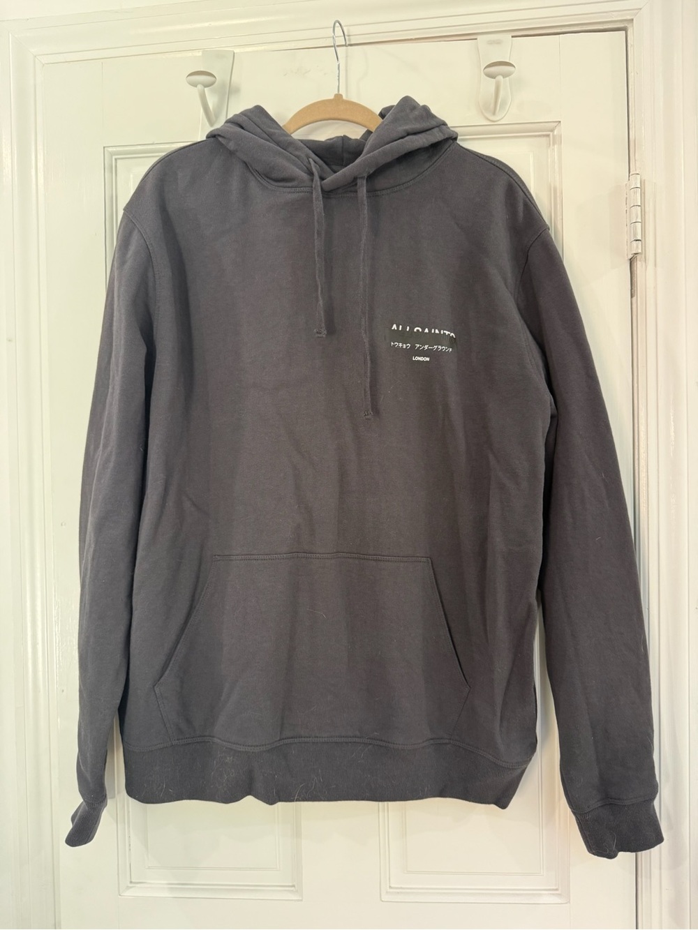 All Saints Charcoal Gray Pullover Hoodie with Subtle Chest Logo